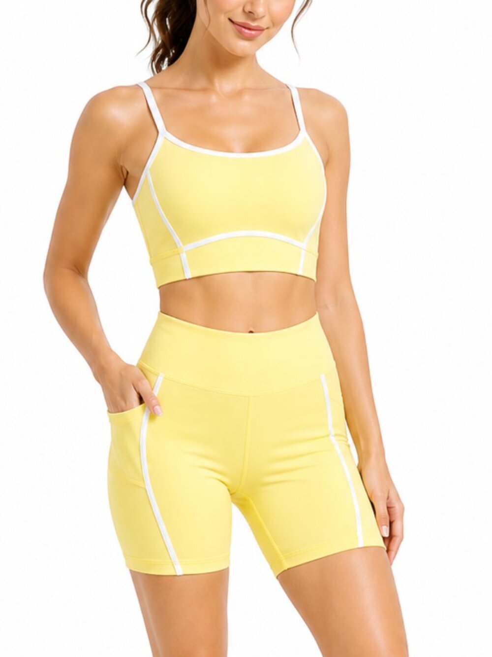 NEDYA Activewear Set Sport Bra Shorts High Waisted Fitness Pocket Yellow Various